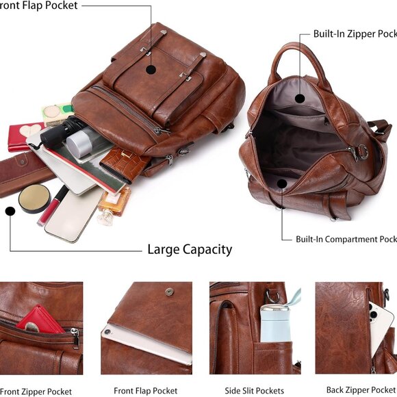 PU Leather Backpack Purse Women Medium Size Convertible Shoulder Bag - Picture 6 of 6